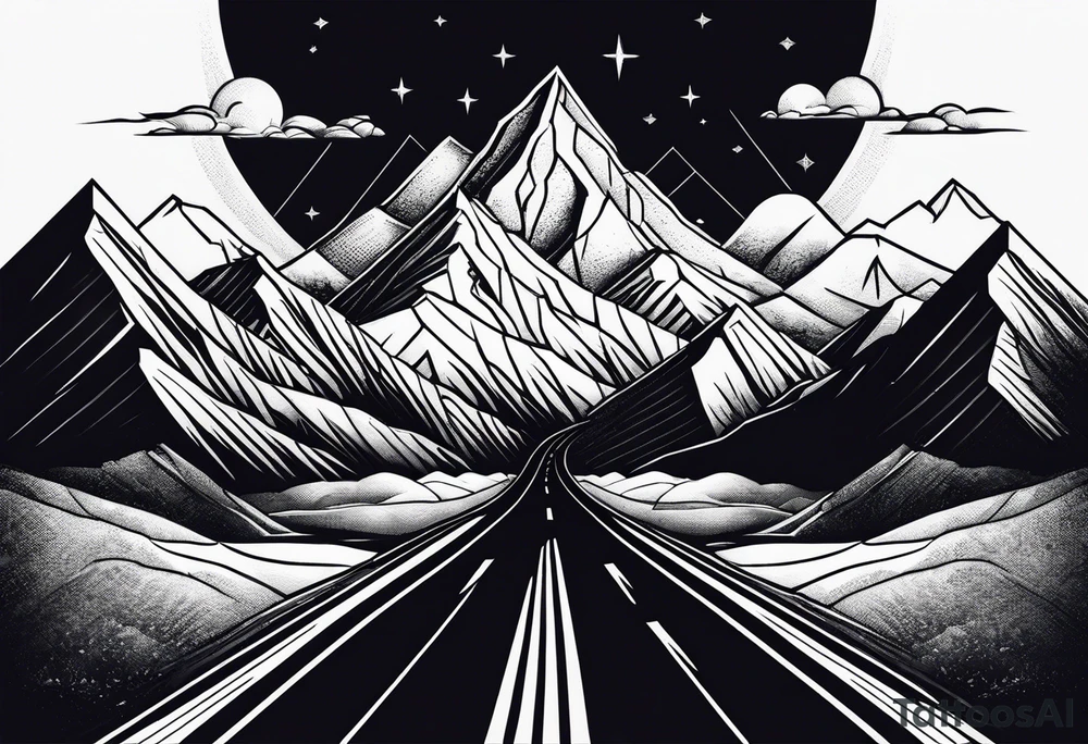 A long road to the mountains with mountains below tattoo idea
