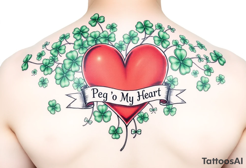 A ton of green shamrocks with a big red heart with a banner across the heart that says Peg 'o My Heart tattoo idea