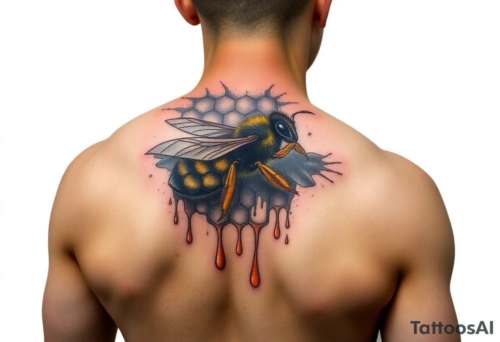 steampunk design of honeycomb with bee and dripping honey on the upper arm tattoo idea