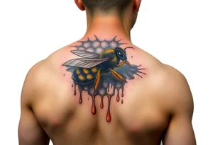 steampunk design of honeycomb with bee and dripping honey on the upper arm tattoo idea
