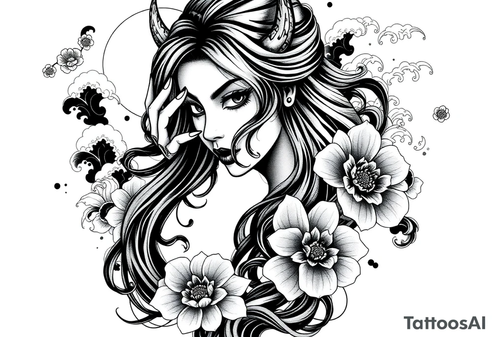 Full sleeve Japanese-inspired tattoo design featuring a beautiful female oni (demon woman) with an elegant, mysterious expression, one hand partially covering her face, long flowing hair integrated into swirling wind and wave patterns, large detailed chrysanthemums and peonies woven through the composition, dynamic negative space with bold black fills and smooth gradients, traditional Japanese cloud and water motifs, high-contrast black and grey with soft shading and sharp linework, balanced composition wrapping around the arm, modern neo-Japanese illustrative style.

– High contrast black and grey
– Neo-Japanese tattoo
– Traditional Japanese motifs
– Sleeve layout design
– Chrysanthemums, peonies, wind bars, waves
– Female oni portrait tattoo idea