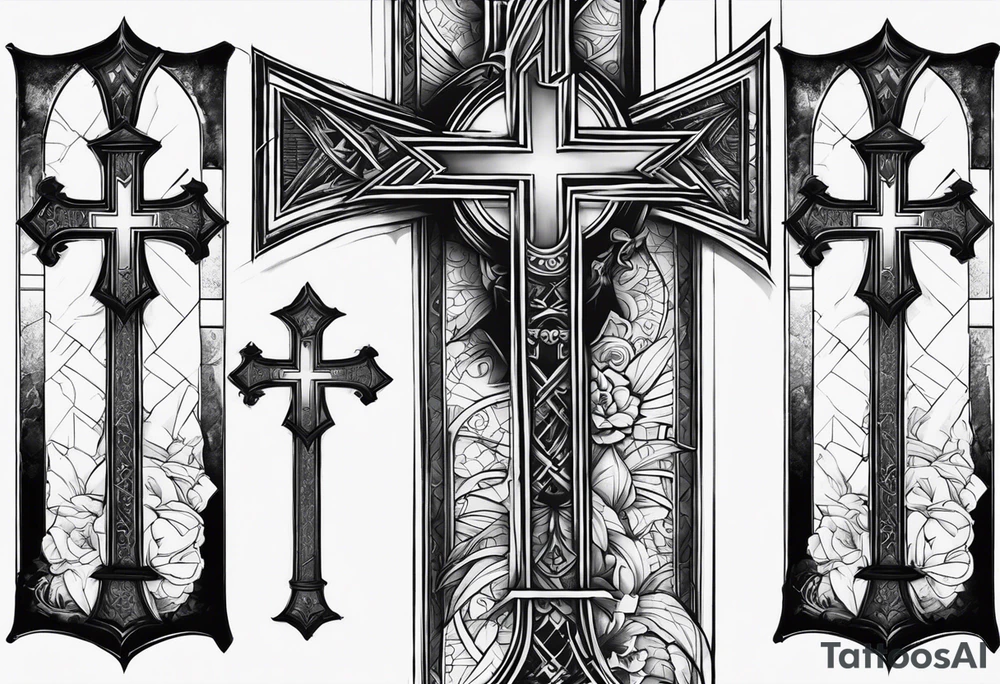 3 crosses with bible verse above it 
joker smile on the side 
Kaizen symbol on the other side
all this one forearm tattoo idea