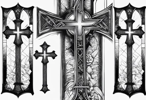 3 crosses with bible verse above it 
joker smile on the side 
Kaizen symbol on the other side
all this one forearm tattoo idea
