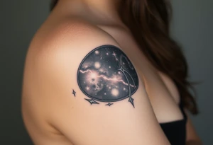 A photorealistic galaxy themed tattoo, bordered with a oval shaped frame tattoo idea