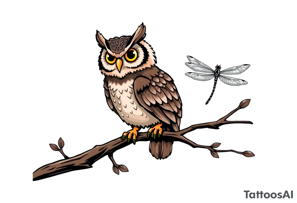 Cartoon style owl, perched on a branch, dragonfly in the background tattoo idea