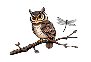 Cartoon style owl, perched on a branch, dragonfly in the background tattoo idea