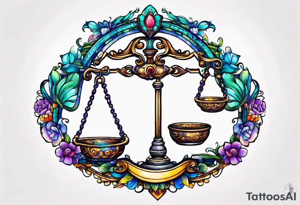 Vibrant Libra scales hanging from a half moon tattoo idea