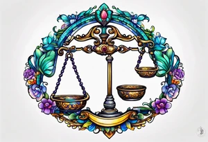 Vibrant Libra scales hanging from a half moon tattoo idea