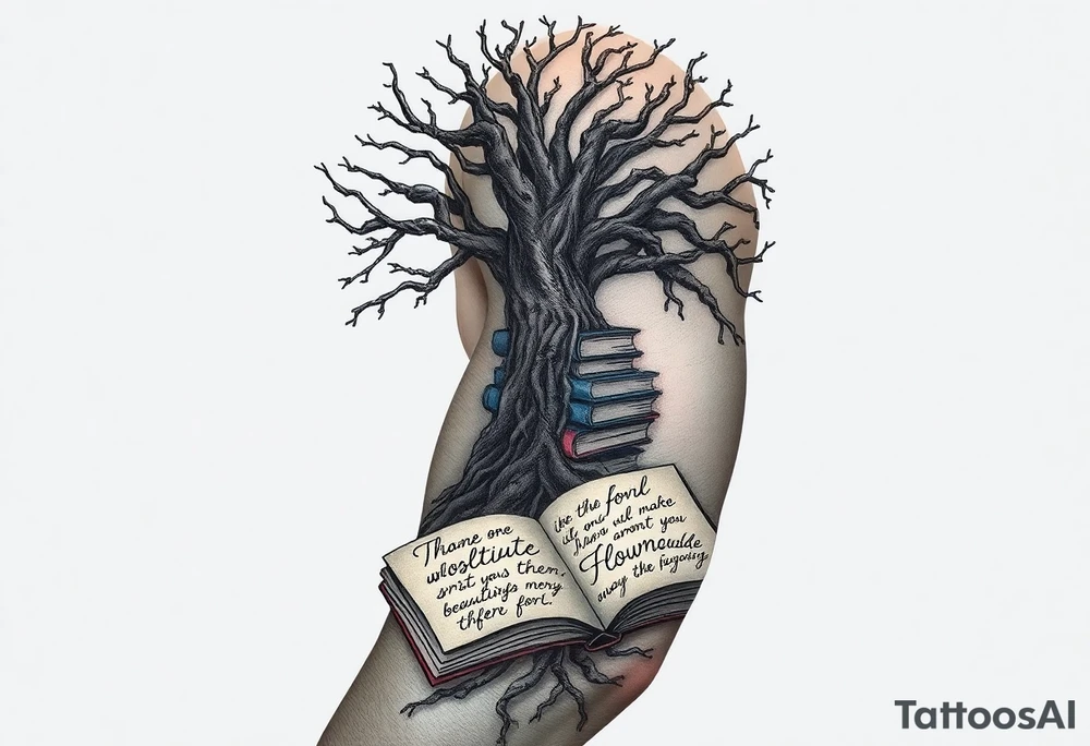 Dark 
tree of knowledge with books connected as roots stacked up and an open journal with beautiful cursive writing at tattoo idea