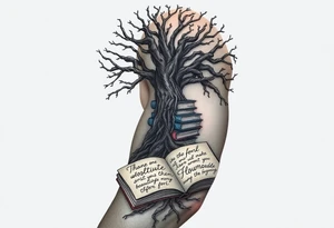 Dark 
tree of knowledge with books connected as roots stacked up and an open journal with beautiful cursive writing at tattoo idea