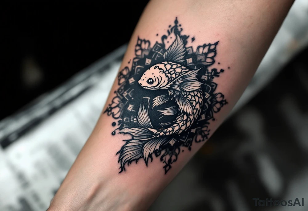 Catfish in a Mandala – A catfish curled within a black and gray mandala, symbolizing balance, persistence, and adaptability. tattoo idea