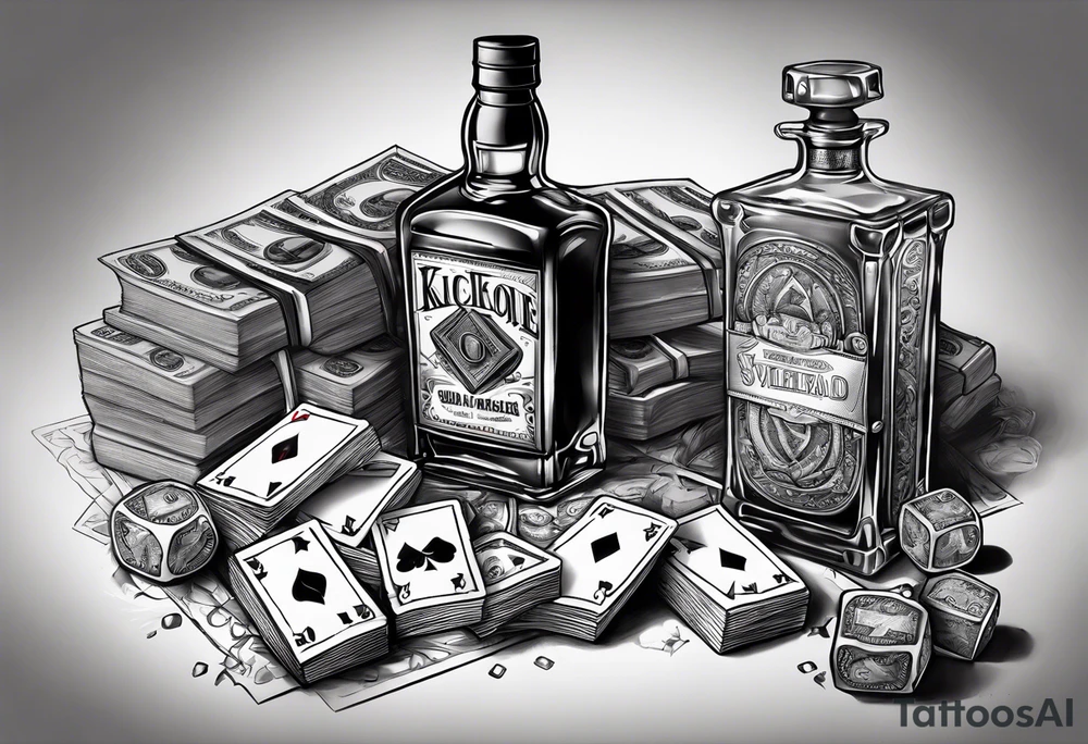cards, money, dice, and whiskey on ice, tattoo idea