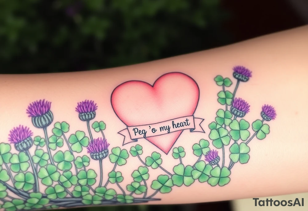 a big pale pink heart in a huge patch of green shamrocks, and  purple thistles with a banner across the heart that says Peg 'o My Heart tattoo idea