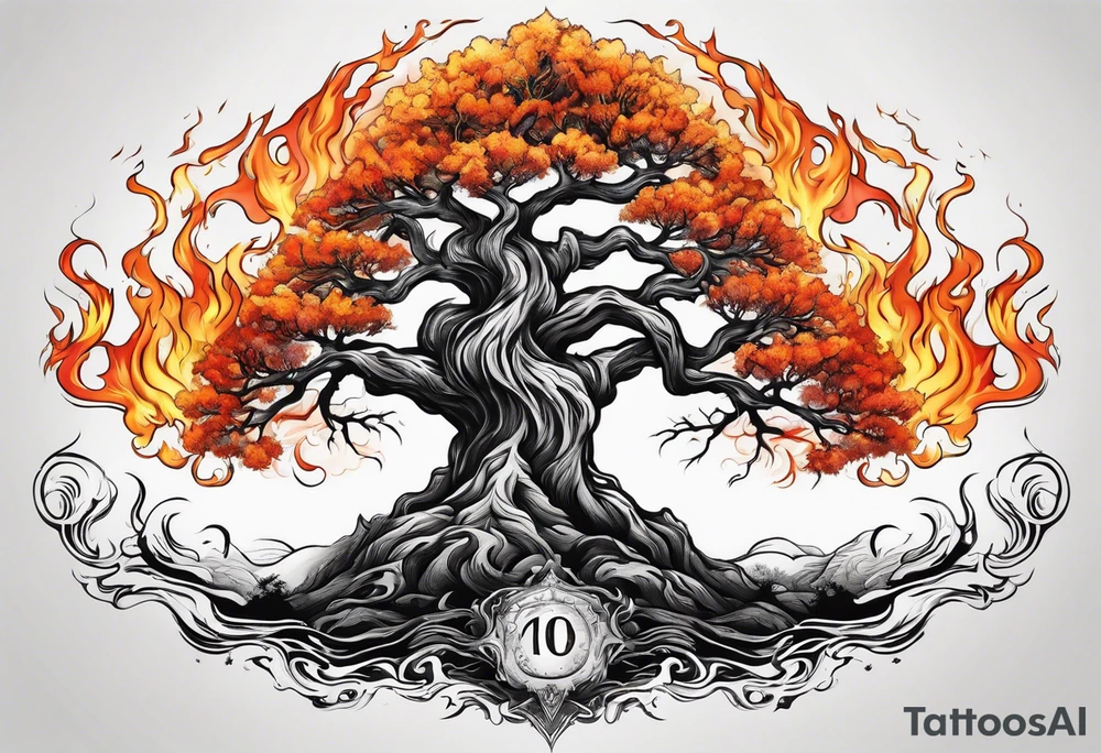 enormous old tree engulfed in flames of fire tattoo idea
