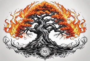enormous old tree engulfed in flames of fire tattoo idea