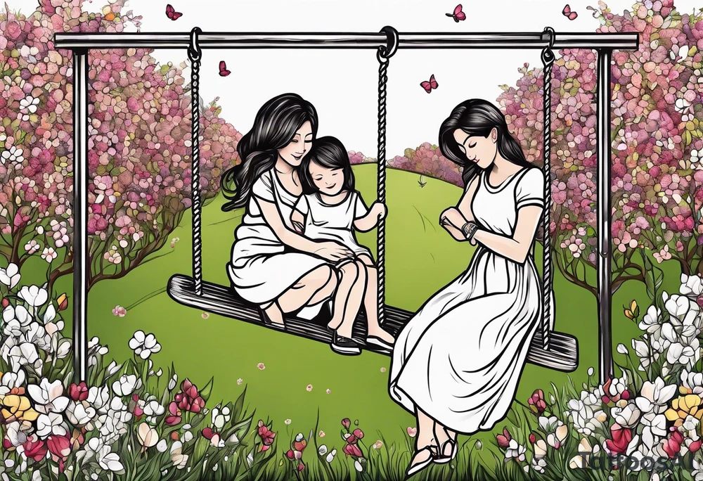 Mom with son and daughter on a swing in the distance in a field of flowers tattoo idea