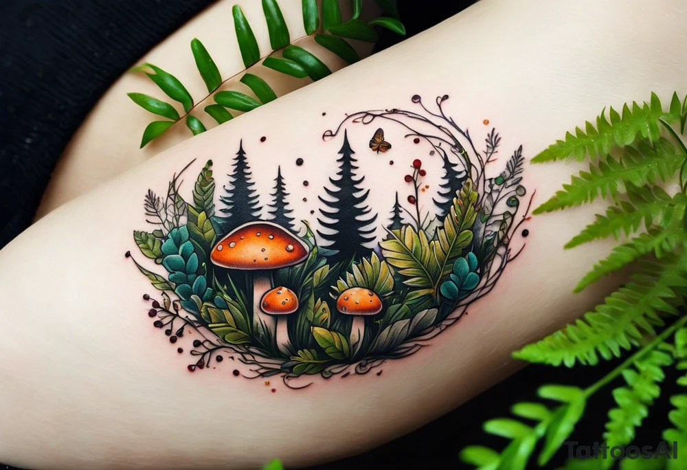 minimalistic forest floor inspired tattoo, which includes grass, moss, curly ferns and dead leaves as the bulk of the tattoo. details to include: forest berries, couple of very small brown mushrooms, a tiny bumblebee flying nearby tattoo idea