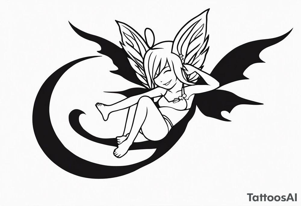 No color fairy with a tail inspired by the logo of the  show called Fairy Tail in a fetal position leaning in and forward while in the air floating and sleeping tattoo idea