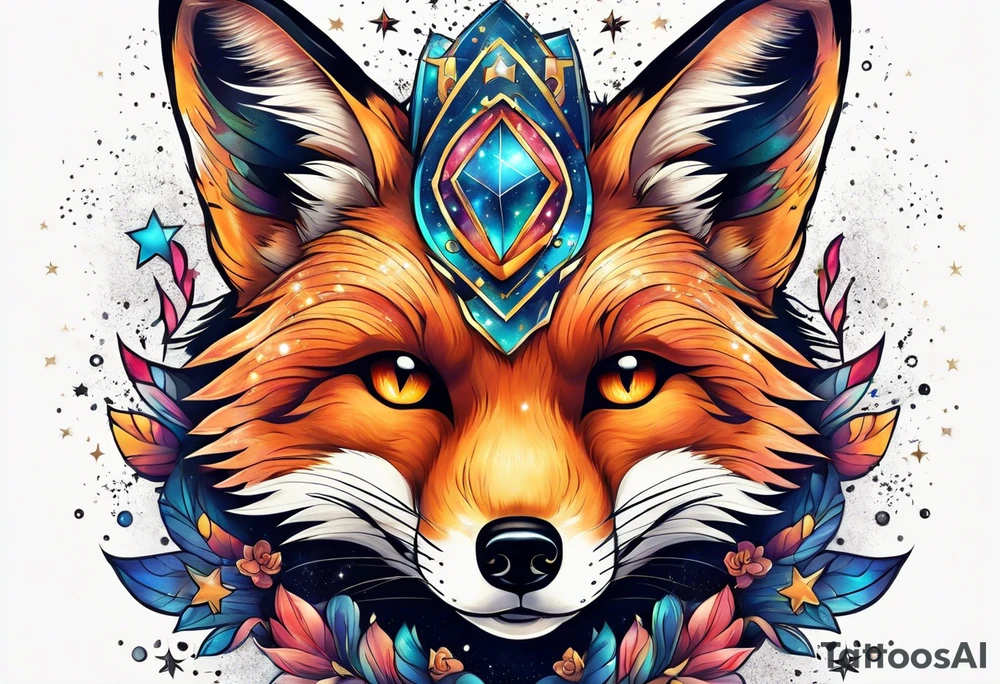 vibrant fox, galaxy, stars tattoo idea