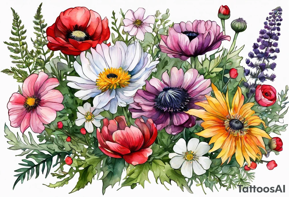 wildflowers with thistles, ferns, ranuculus, white anemones with black center, sun flowers, red flowers, pink flowers, purple flowers, buttercups, babys breath, daisies, and greenery all in watercolor tattoo idea