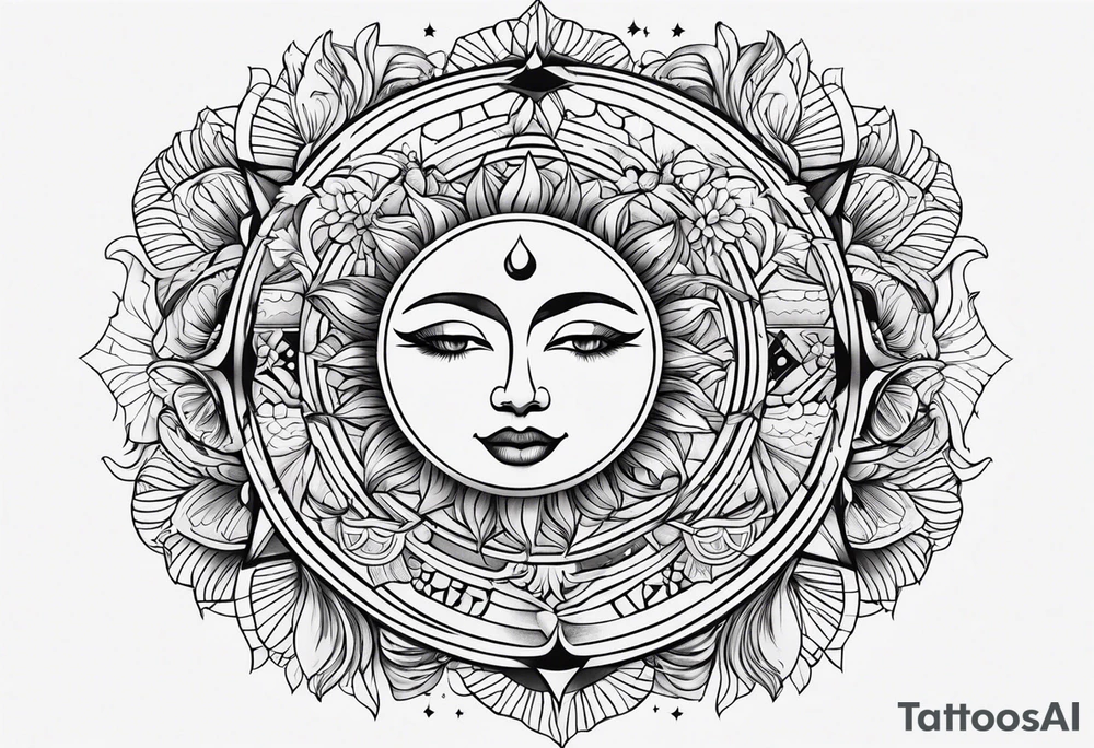 marriage, split tattoo, with geometric shapes and sun and moon tattoo idea
