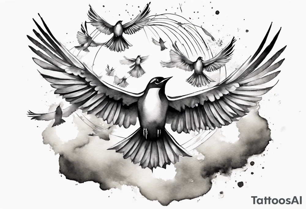 shoulder tattoo with light rays with birds flying free among the clouds, round shape, 3d effect tattoo idea