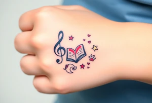 A swirl containing the Treble clef, Bass clef, book, dog paw, star, psyduck, heart tattoo idea