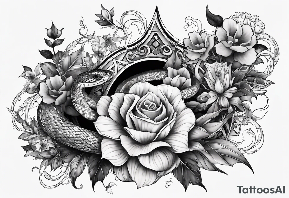 A long tattoo that includes a snake, books, stars and poisonous flowers tattoo idea