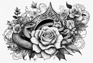 A long tattoo that includes a snake, books, stars and poisonous flowers tattoo idea