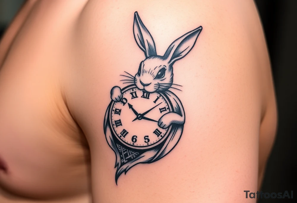 Tribal Rabbit holding a Clock tattoo idea