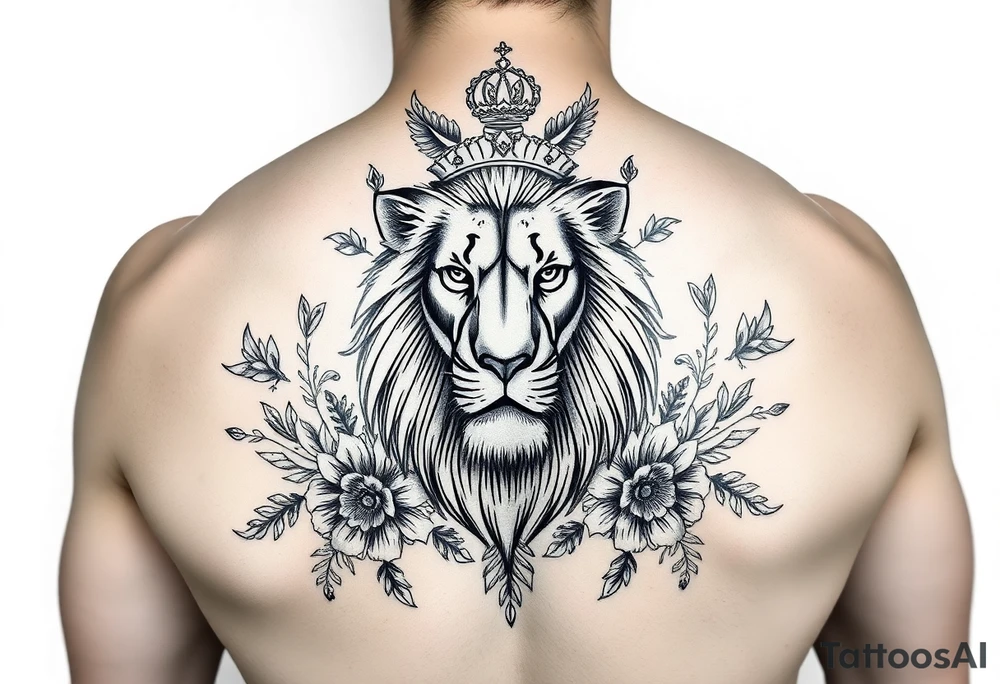 powerful majestic lion with a crown, surrounded by floral ornaments and birds tattoo idea