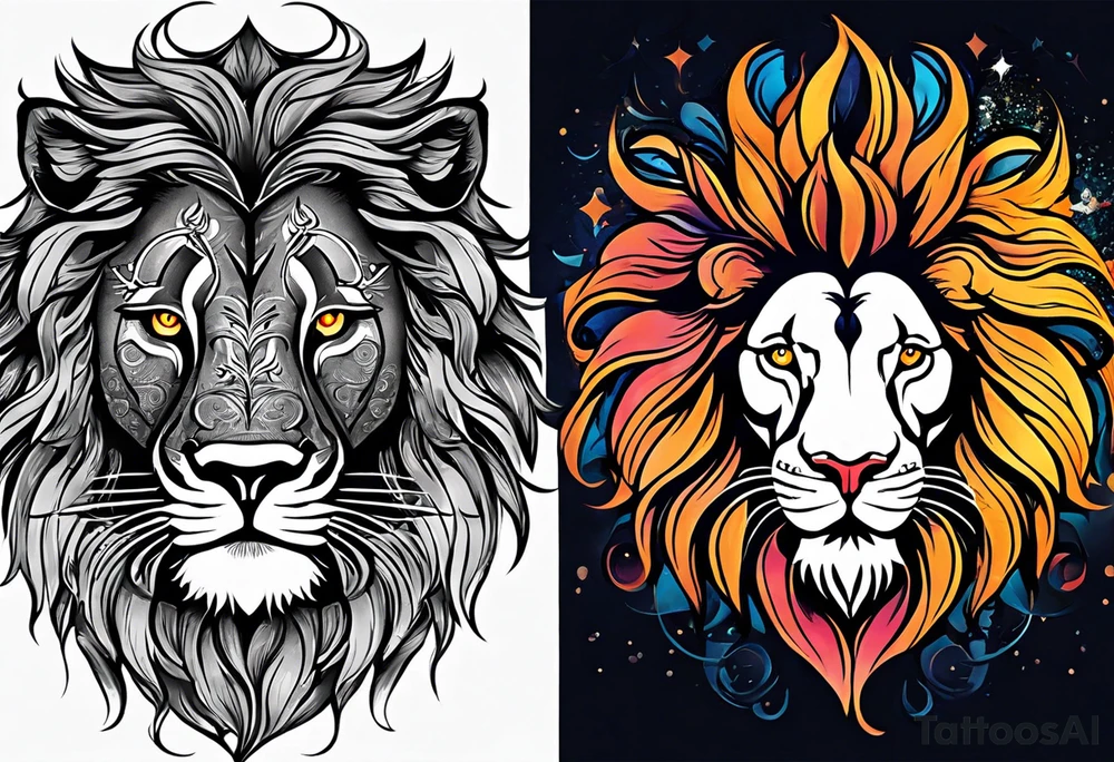 A powerful lion, Leo and a powerful Virgo, the balance between the two from Young to old whole sleeve very happy, very mysterious very dark, but cheerful at the same time tattoo idea