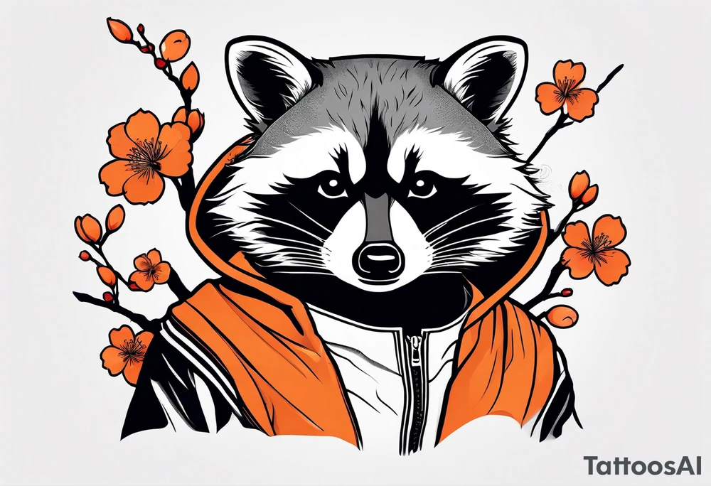 raccoon wearing a black and white Superman hoodie and orange Japanese cherry blossoms tattoo idea