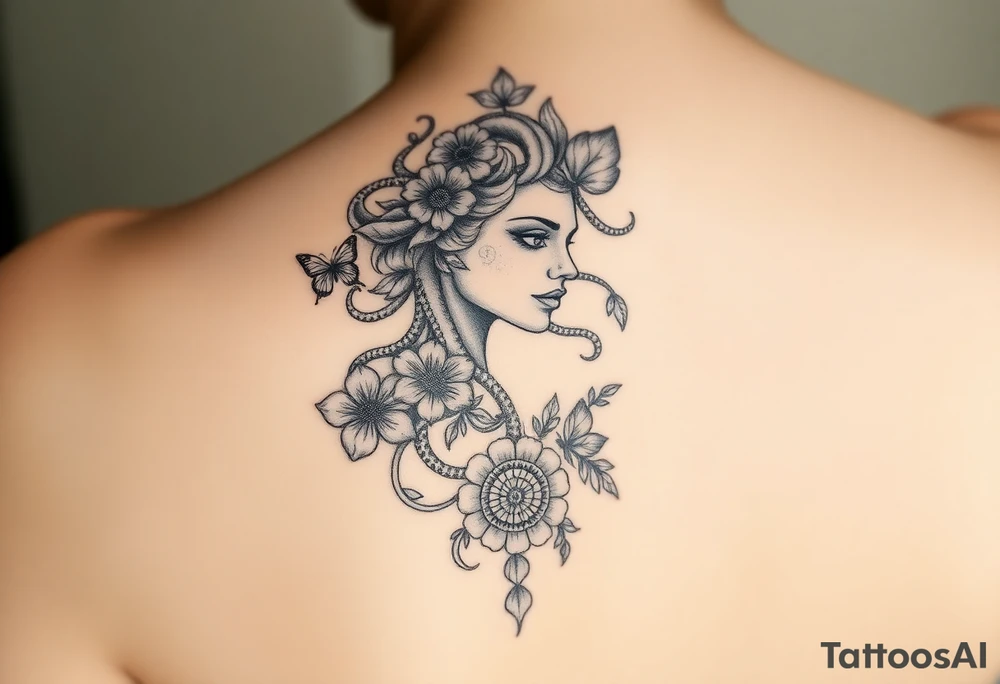 Side portrait of Medusa with flowers, butterflies 
and mandala tattoo idea