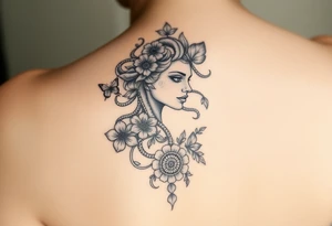 Side portrait of Medusa with flowers, butterflies 
and mandala tattoo idea