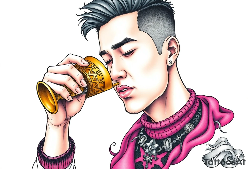 Handsome Asian young guy is drinking from medieval golden cup tattoo idea