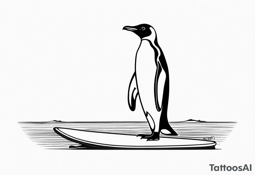 Surfboard outline with a penguin inside and the date 25/07 tattoo idea