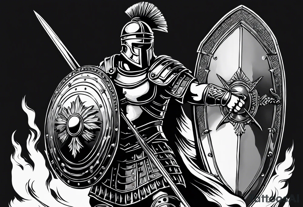 high quality black and white illustration, full body image, a strong tall roman centurion, wearing armour, wearing a belt, wearing a metal breastplate, holding a large shield, wearing a helmet, holding a sword. Flaming arrows are being fired at the centurion, he is blocking the arrows with his shield tattoo idea