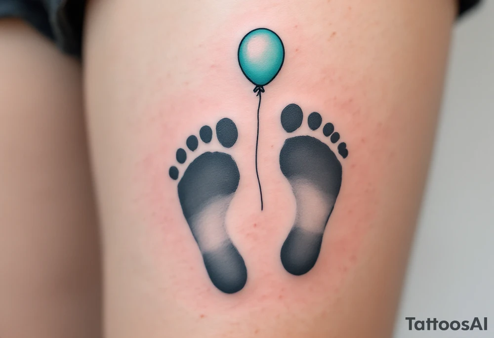 Light gray and soft teal footprints of Samuel, with a small, floating balloon to represent his light and carefree character. tattoo idea