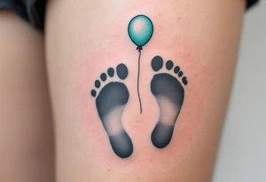 Light gray and soft teal footprints of Samuel, with a small, floating balloon to represent his light and carefree character. tattoo idea