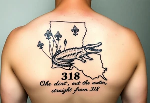 Louisiana state outline with fleur-de-lis, a bayou with a gator , the 318 area code and and quote that says  Out the dirt, out the water, straight from 318 tattoo idea