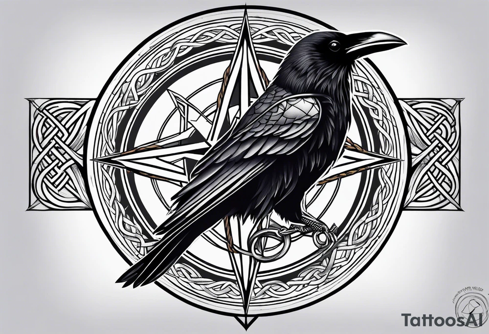 Raven head with Celtic compass and mountain tattoo idea