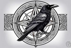 Raven head with Celtic compass and mountain tattoo idea