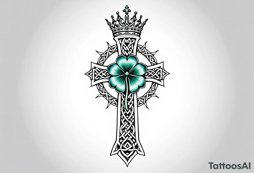 Masculine Celtic cross tattoo featuring intricate knotwork patterns along the arms and base of the cross. At the heart of the cross, place a vibrant four-leaf clover, its leaves shaded with subtle gradients of green, symbolizing luck and unity. Above the cross, incorporate a regal crown adorned with ornate details, such as small gemstones or filigree, to signify authority and strength. Behind the cross add more celtic knots surrounding it tattoo idea
