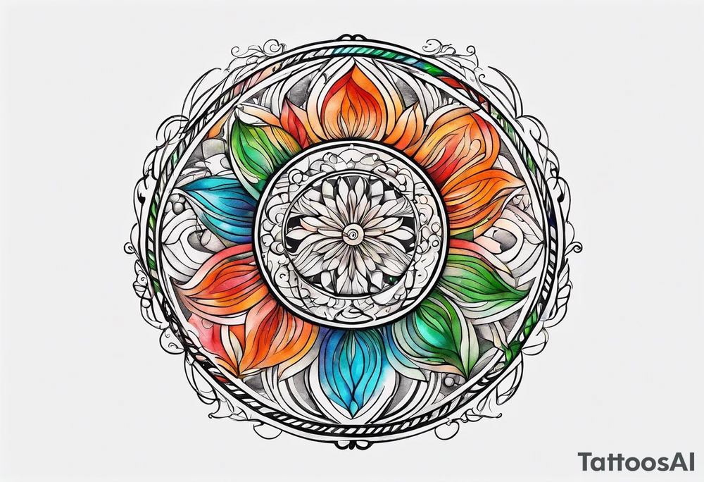 circular swirl of red, blue, orange, and green stripes tattoo idea