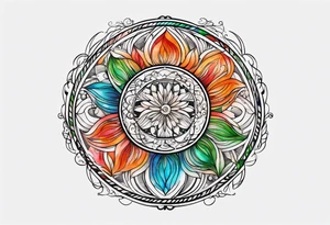 circular swirl of red, blue, orange, and green stripes tattoo idea