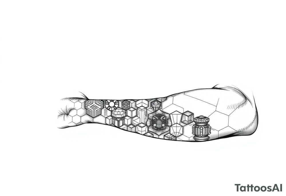 design a full “sleeve” tattoo that consists of a base layer of abstract hexagon pattern overlaid with a little blackwork abstract while incorporating the top tattoo and integrating slight biomech designs tattoo idea