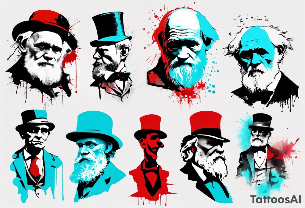 BANKSY ART STYLE,  cyan and red, acquarel, abstract, damage done, realistic Charles Darwin, romancistic, geometric tattoo idea