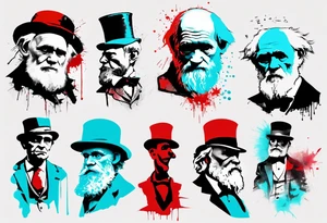 BANKSY ART STYLE,  cyan and red, acquarel, abstract, damage done, realistic Charles Darwin, romancistic, geometric tattoo idea