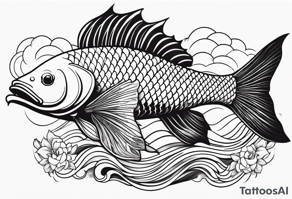 Arowana fish in waves with lotus tattoo idea